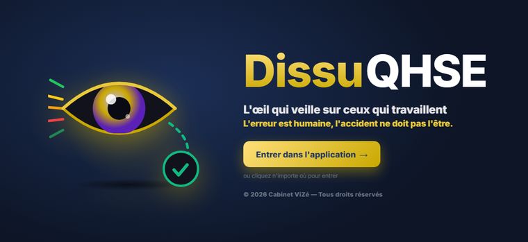 Page d'accueil de l'application Dissu QHSE du Cabinet ViZé
